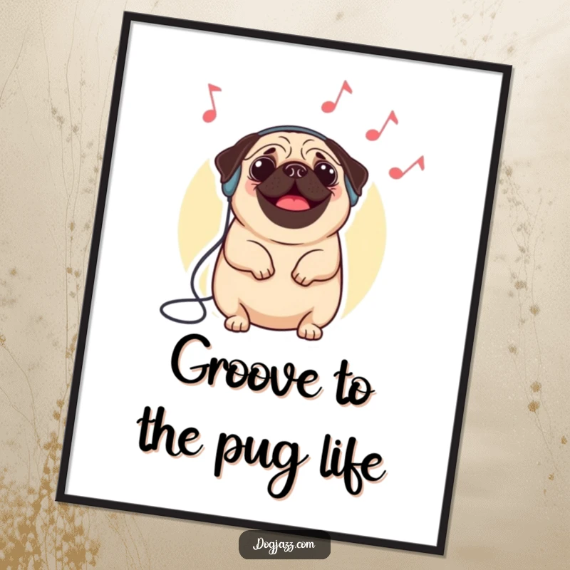 Funny Free Printable Wall Art: A happy, round pug wears headphones and rhythmically nods its head to imaginary jazz.
