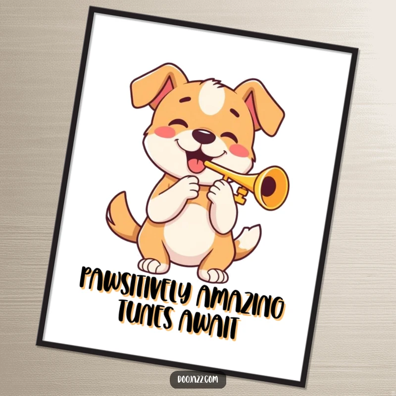 Funny Free Printable Wall Art of a happy dog playing a trumpet with a wagging tail, ideal for DIY decor.