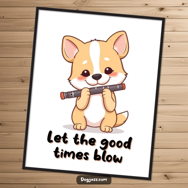 Funny free printable wall art of a dog playing a clarinet with intense focus and a very happy expression.