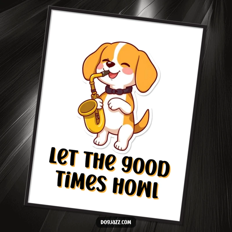 Funny Free Printable Wall Art: Beagle musician enthusiastically plays a saxophone, radiating joy.