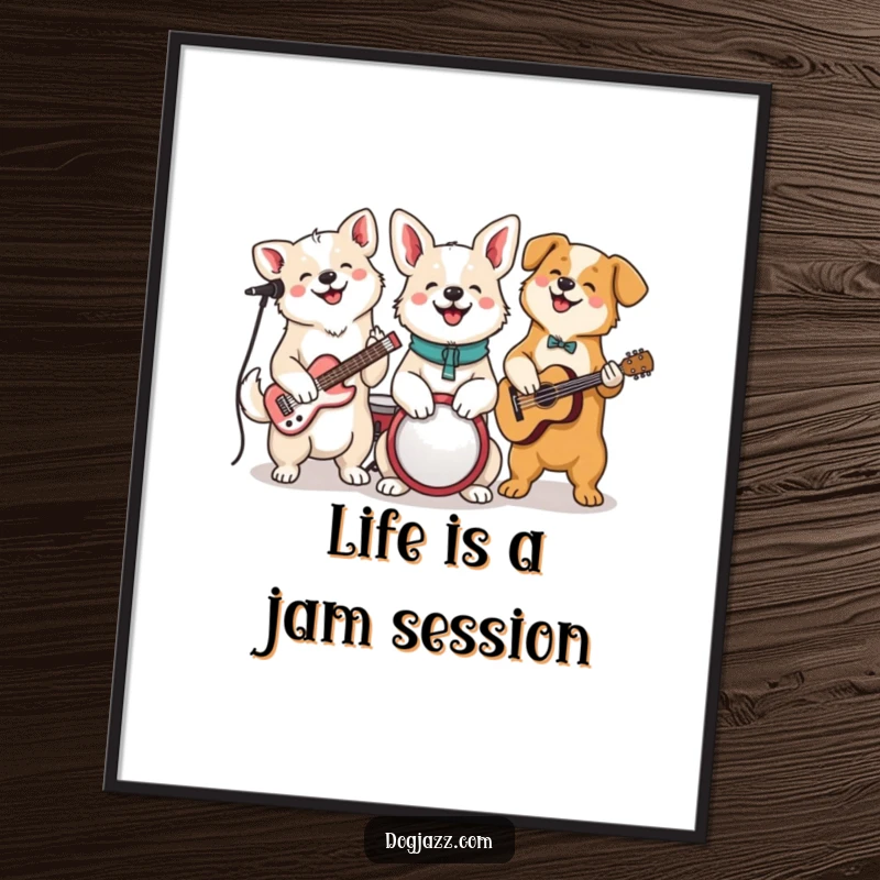 Funny free printable wall art of a diverse group of dogs energetically jamming on instruments with happy, cheerful faces.