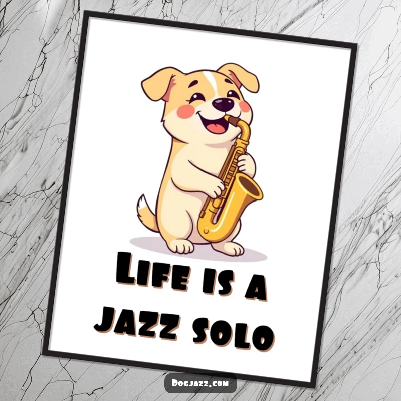 Funny Free Printable Wall Art depicting a happy dog with crossed paws, cooly playing a tenor saxophone with flair.