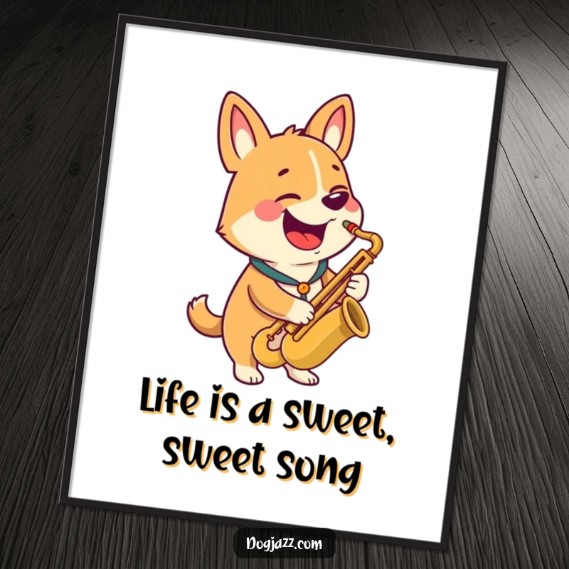 Funny Free Printable Wall Art: A dog with a huge grin plays a saxophone, radiating pure musical happiness and humor.