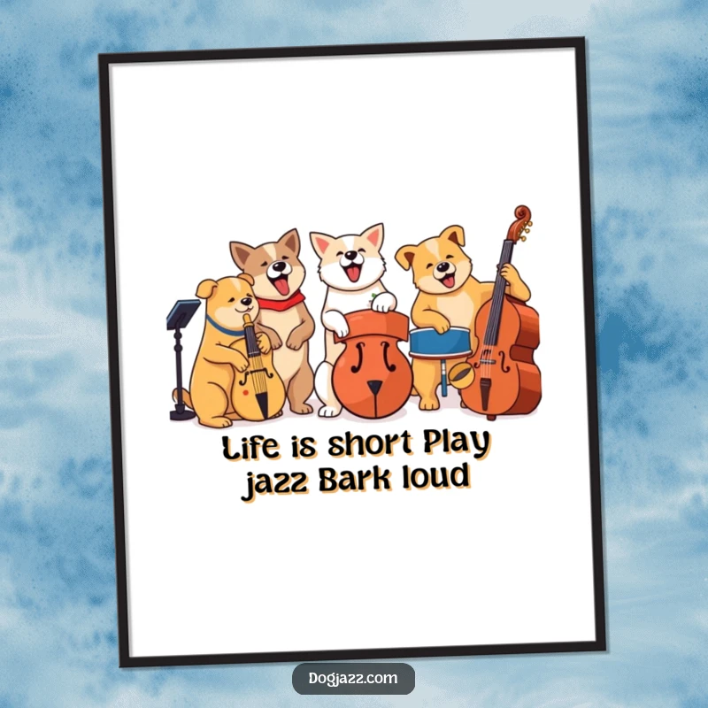 Funny Free Printable Wall Art: A group of dogs energetically playing various jazz instruments together in a lively band.