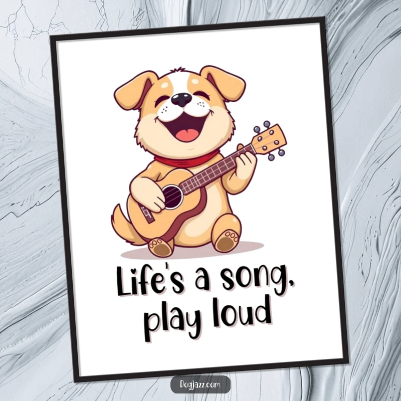 Funny Free Printable Wall Art: A dog with a big grin passionately strumming a tiny ukulele.