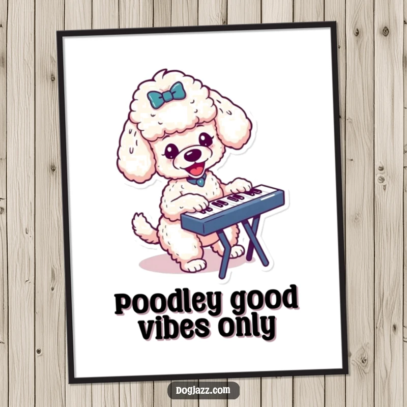 Funny free printable wall art of a small poodle character energetically playing a keyboard, full of musical passion and joy.