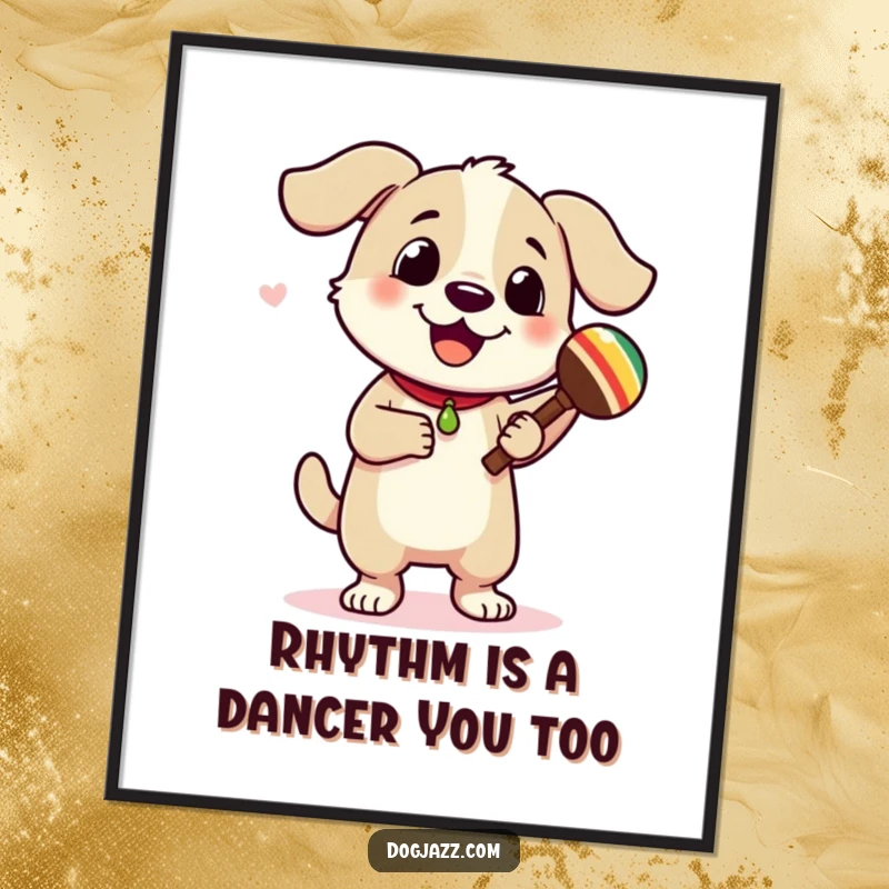 Funny Free Printable Wall Art: A happy dog dances with vibrant energy, shaking colorful maracas. Perfect for a lively, fun-filled space.