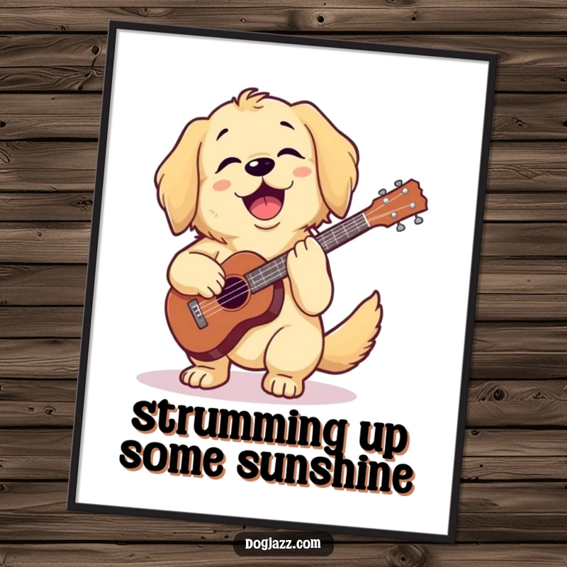Funny Free Printable Wall Art: Golden retriever joyfully strums a ukulele, radiating happiness.