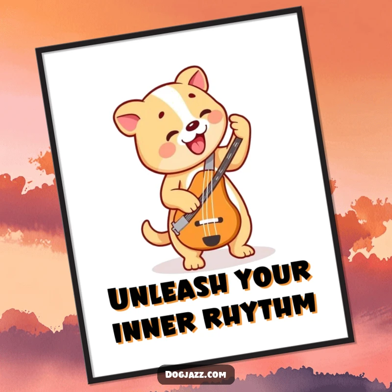 Funny free printable wall art of a dog with a happy, bouncing rhythm, expertly playing a bass guitar.