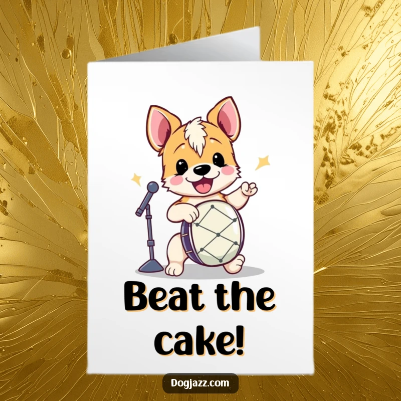 Funny Free Printable Birthday Card: Energetic terrier character drumming enthusiastically, celebrating a birthday, DIY card.