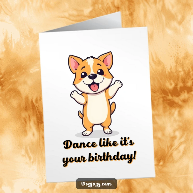 Funny Free Printable Birthday Card: A dog in mid-dance, performing a jazzy step with legs crossed stylishly and a happy expression.