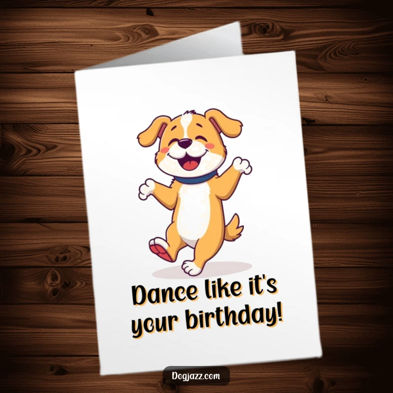 Funny free printable birthday card showing an energetic dog enthusiastically tap dancing with lively, rhythmic foot movements.