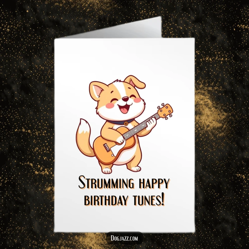 Funny Free Printable Birthday Card: A cheerful dog happily strums a guitar, its tail wagging with musical joy.