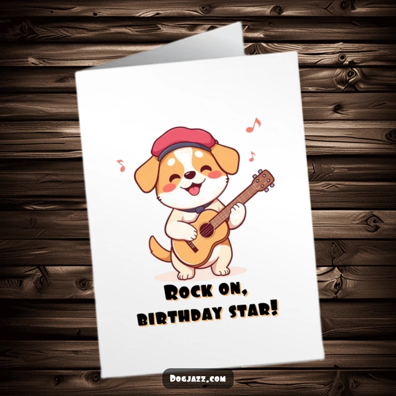 Funny Free Printable Birthday Card: Dog in beret playing guitar cheerfully, celebrating a birthday, DIY card.