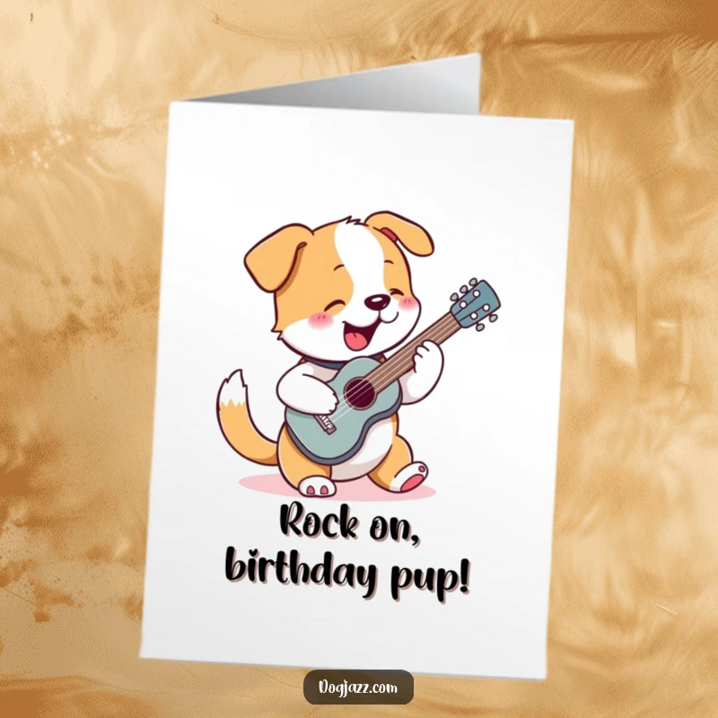 Funny Free Printable Birthday Card: Dog enthusiastically strums a tiny guitar with a furiously wagging tail.