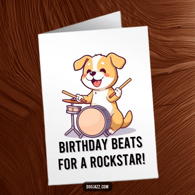 Funny Free Printable Birthday Card: Dog energetically playing drums with sticks in paws, musical birthday party, downloadable roaring greeting.