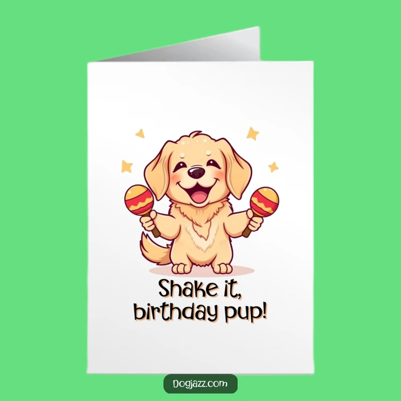 Free Printable Birthday Card: Funny Golden Retriever Shaking Maracas - Downloadable Gift