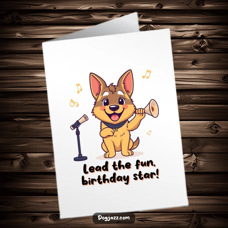 Funny Free Printable Birthday Card of a German Shepherd happily conducting a band, leading a joyful musical celebration. A downloadable birthday fanfare.