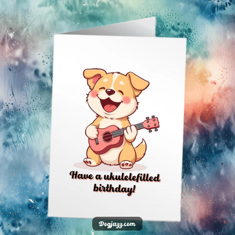 Funny Free Printable Birthday Card: Adorable dog with a tiny ukulele, joyfully strumming a birthday melody with a big smile.