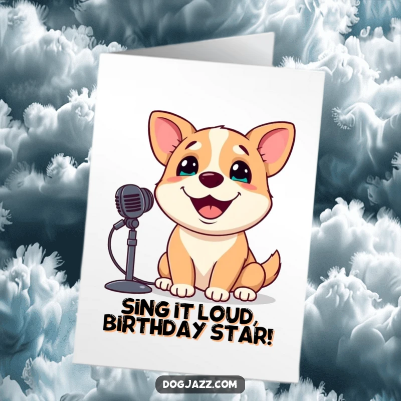 Funny Free Printable Birthday Card: Dog happily singing into a microphone, a star performance for their special day.