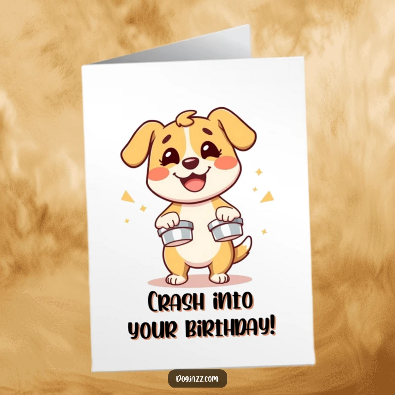Funny Free Printable Birthday Card: Energetic Dog Smashing Cymbals with a Huge Smile, Ready to Party!