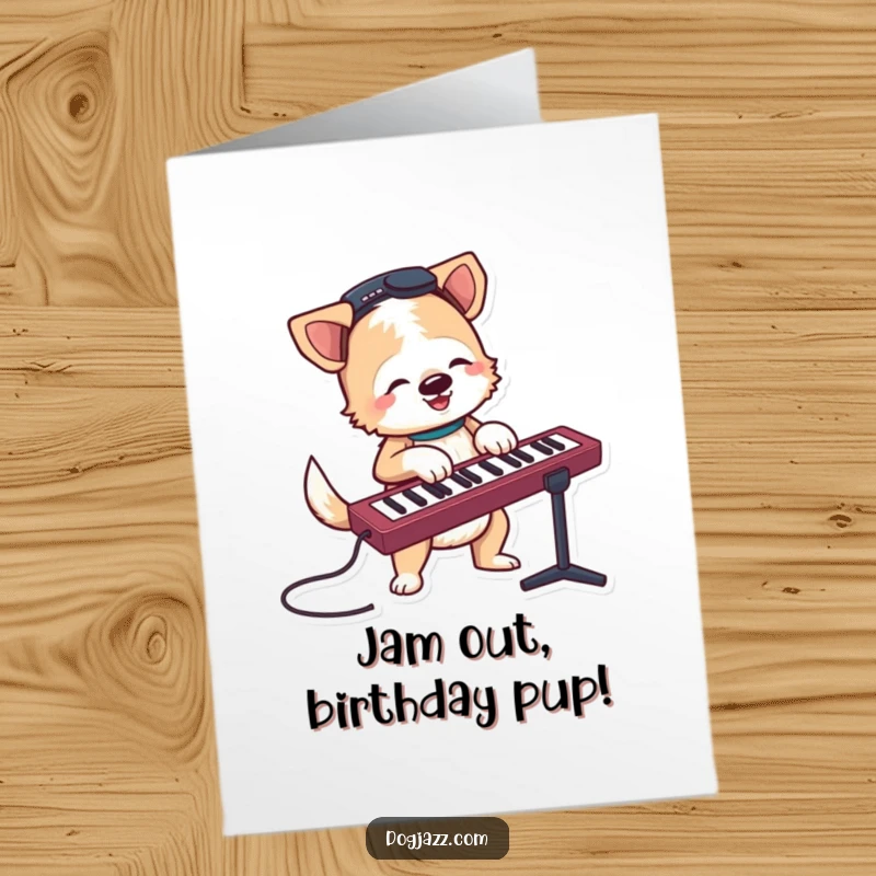 Funny Free Printable Birthday Card: Terrier Dog Jamming on a Keyboard with a Wagging Tail, Sending Birthday Tunes!