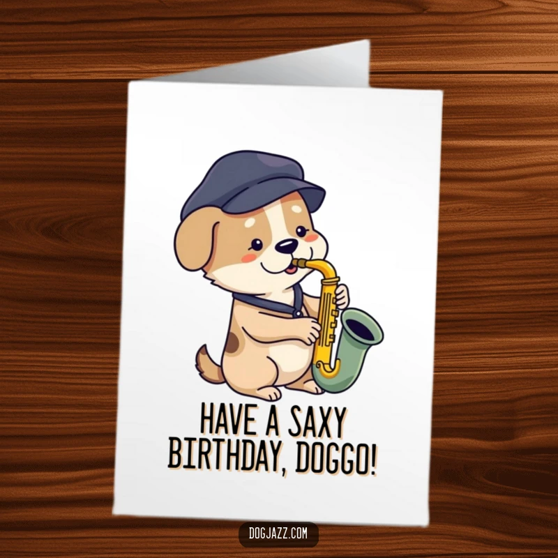 Funny Free Printable Birthday Card: A dog in a beret plays a saxophone with a soulful, bluesy expression, celebrating a birthday.