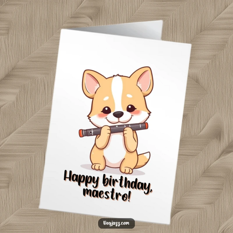 Funny free printable birthday card featuring a dog focused on playing a clarinet with a happy, contented expression.