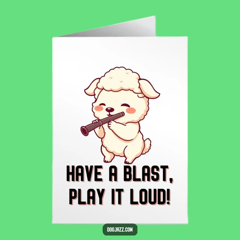 Free Printable Birthday Card: Cheerful Sheepdog Clarinetist, Fun Downloadable for a Melodious Day