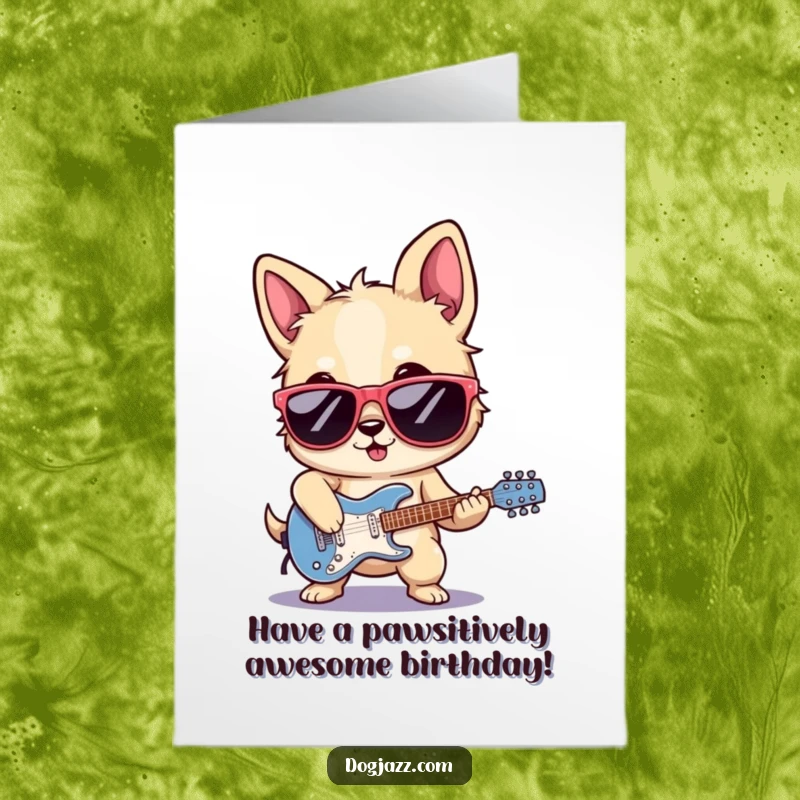 Funny Free Printable Birthday Card featuring a dog in sunglasses playing electric guitar with rockstar flair, celebrating a cool birthday.