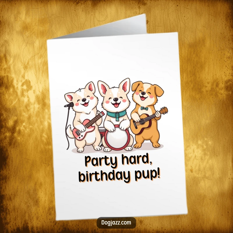 Funny free printable birthday card featuring a cheerful group of dogs jamming together on various musical instruments.