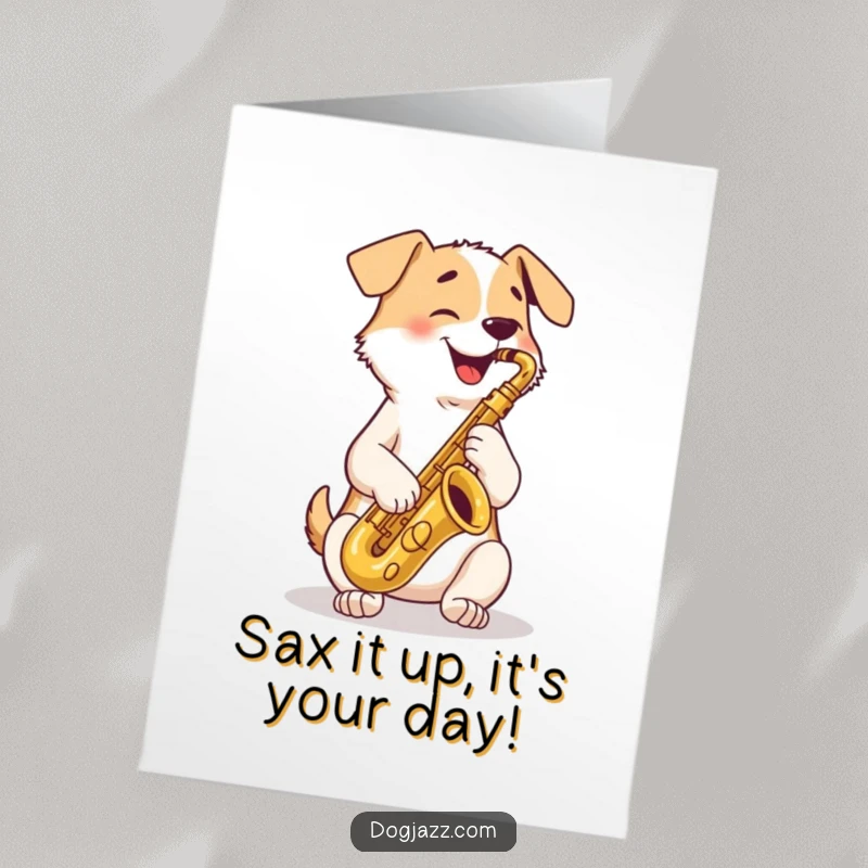 Funny Free Printable Birthday Card: A happy dog plays a tenor saxophone with crossed paws, celebrating.