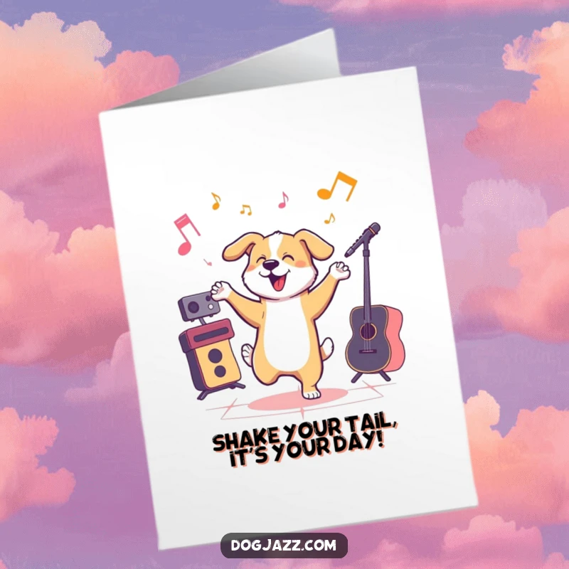 Funny free printable birthday card showing a dog joyfully dancing with jazz hands to an unseen jazzy beat.