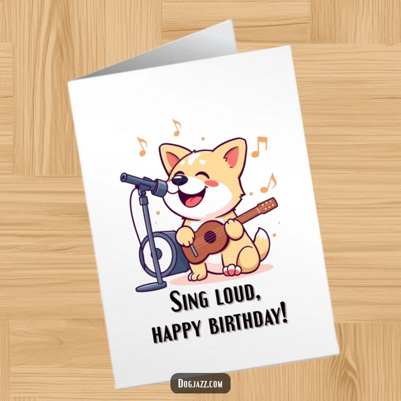 Funny Free Printable Birthday Card: A dog with its mouth open wide, joyfully singing along with a jazzy tune, surrounded by musical notes.