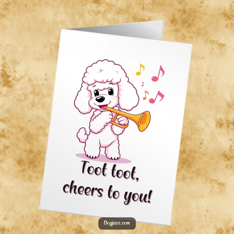 Funny Free Printable Birthday Card: Poodle plays a cheerful trumpet melody with bright musical notes.