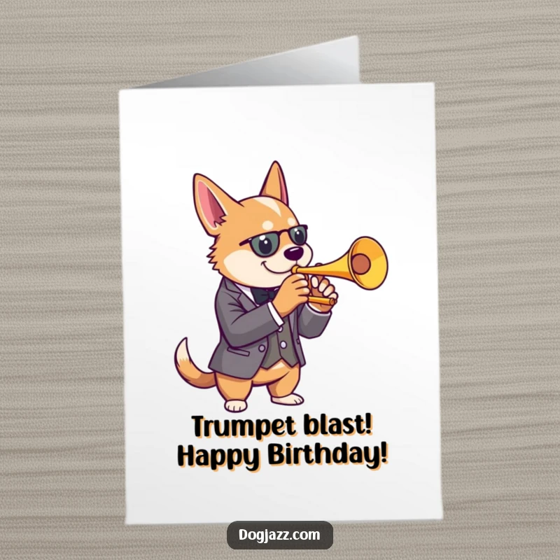 Funny Free Printable Birthday Card: A dog in a sharp suit plays a cool jazz trumpet, celebrating a birthday with style.
