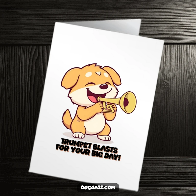 Funny Free Printable Birthday Card: A dog with a wide grin blasting a trumpet with gusto.