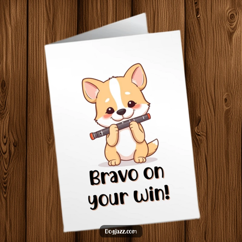Funny free printable congratulations card showing a dog playing a clarinet with a focused yet happy look of achievement.