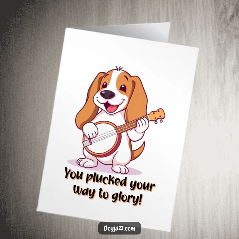 Funny Free Printable Congratulations Card: A basset hound happily plays a banjo, celebrating success.