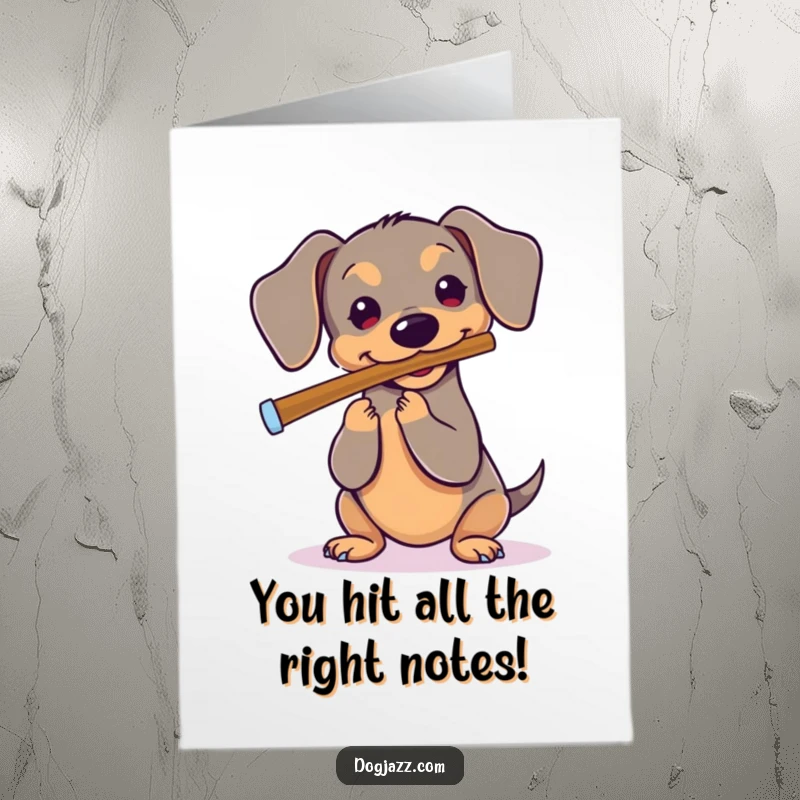 Funny Free Printable Congratulations Card featuring a Dachshund playing a flute with sheer delight, celebrating achievements. A downloadable musical note.