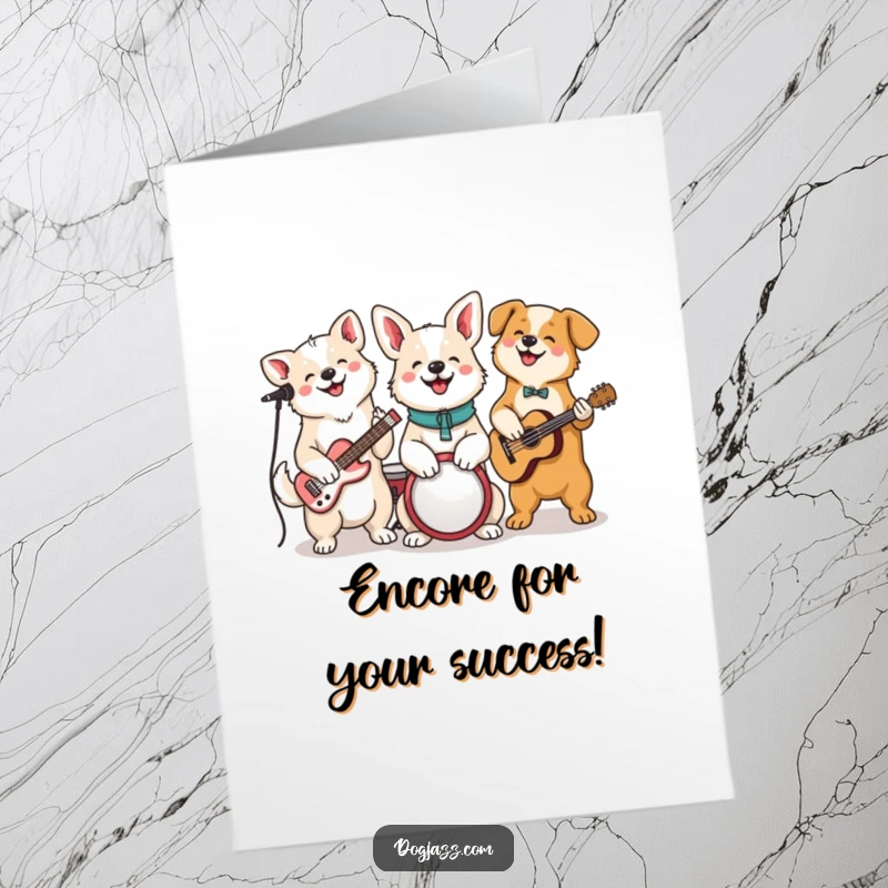 Funny free printable congratulations card showing a lively dog band playing instruments with beaming, cheerful expressions.
