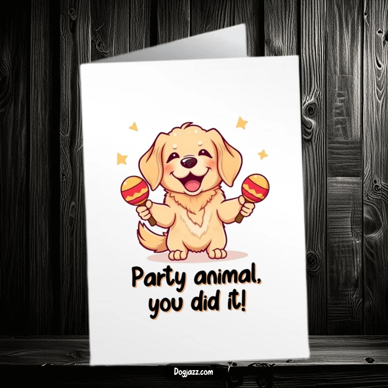 Funny Free Printable Congratulations Card showcasing a Golden Retriever enthusiastically shaking maracas, perfect for celebrating wins. A downloadable cheer.
