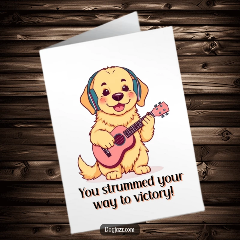 Funny Free Printable Congratulations Card: A golden retriever wearing headphones strums a ukulele with flair.