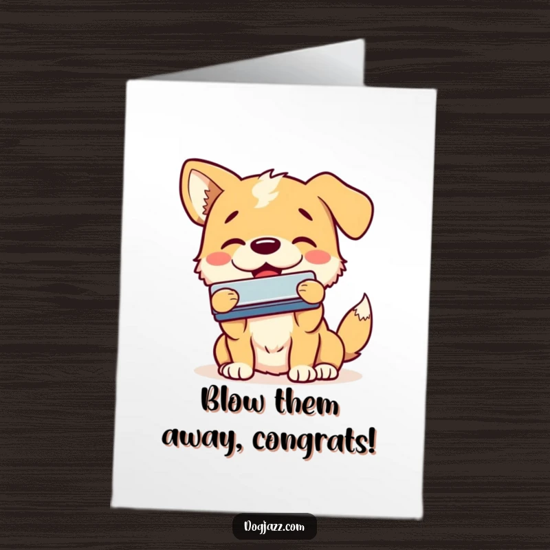 Funny Free Printable Congrats Card: A smiling dog enthusiastically plays the harmonica, celebrating success. Downloadable and upbeat.