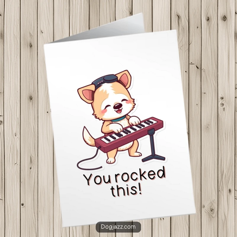 Funny Free Printable Congratulations Card: Happy Terrier Dog Rocking Out on a Keyboard, Celebrating a Major Win!