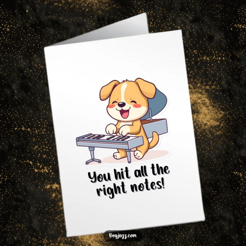 Funny Free Printable Congrats Card: A dog character enthusiastically playing a piano with its paws, celebrating success.