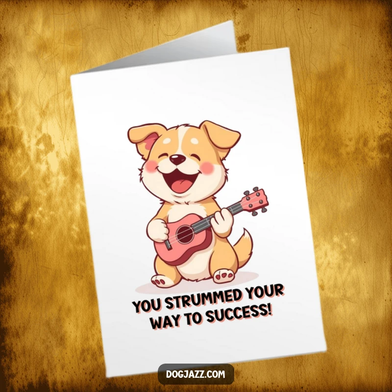 Funny Free Printable Congrats Card: Cheerful dog playing a small ukulele, celebrating a victory with a happy, musical tune.