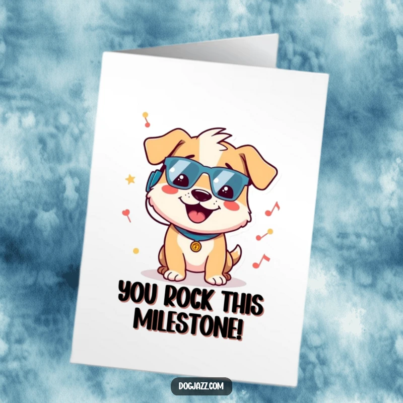 Funny Free Printable Congratulations Card: Dog with headphones jamming, celebrating success with music, downloadable art.