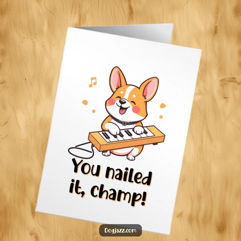 Funny Free Printable Corgi Congratulations Card: A cheerful corgi tapping out a congratulatory message on a keyboard.