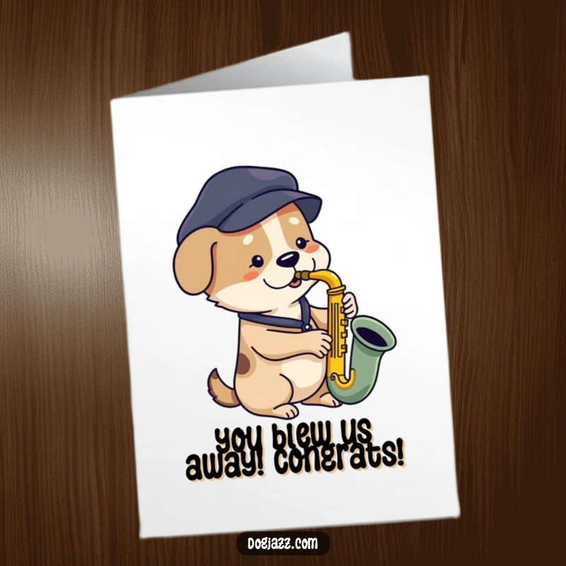 Funny Free Printable Congratulations Card: A dog wearing a beret plays a bluesy saxophone, celebrating a well-deserved win.